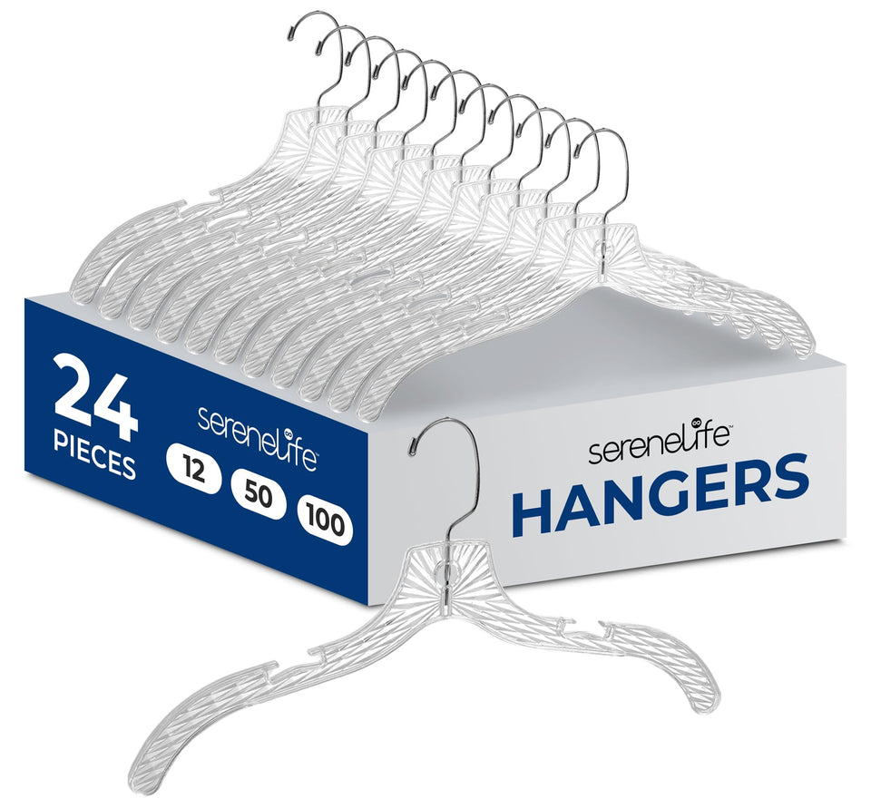 SereneLife clear plastic hanger 24-pack viewed from the front for a cohesive closet look.