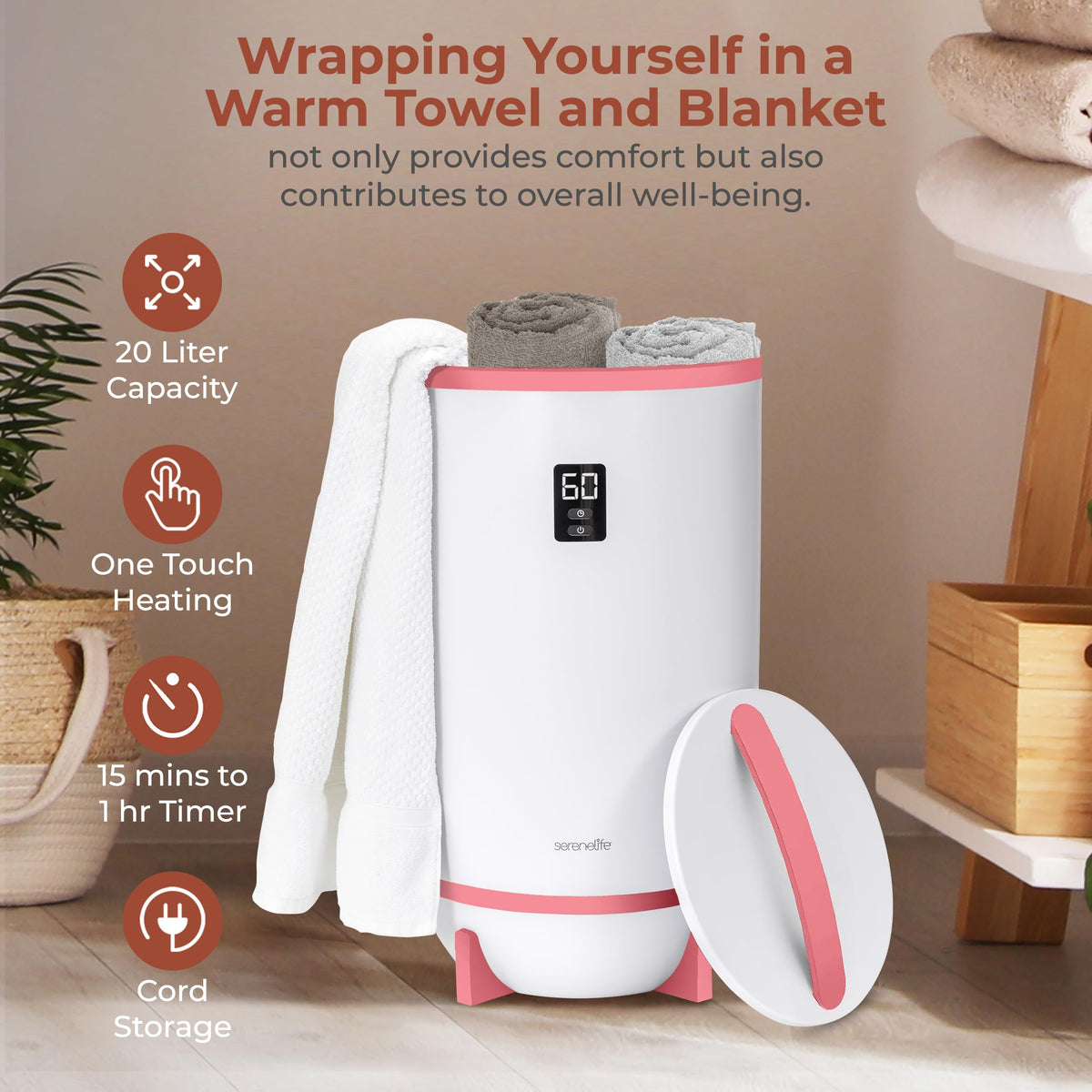 SereneLife towel warmer auto shut-off for safety and energy efficiency.