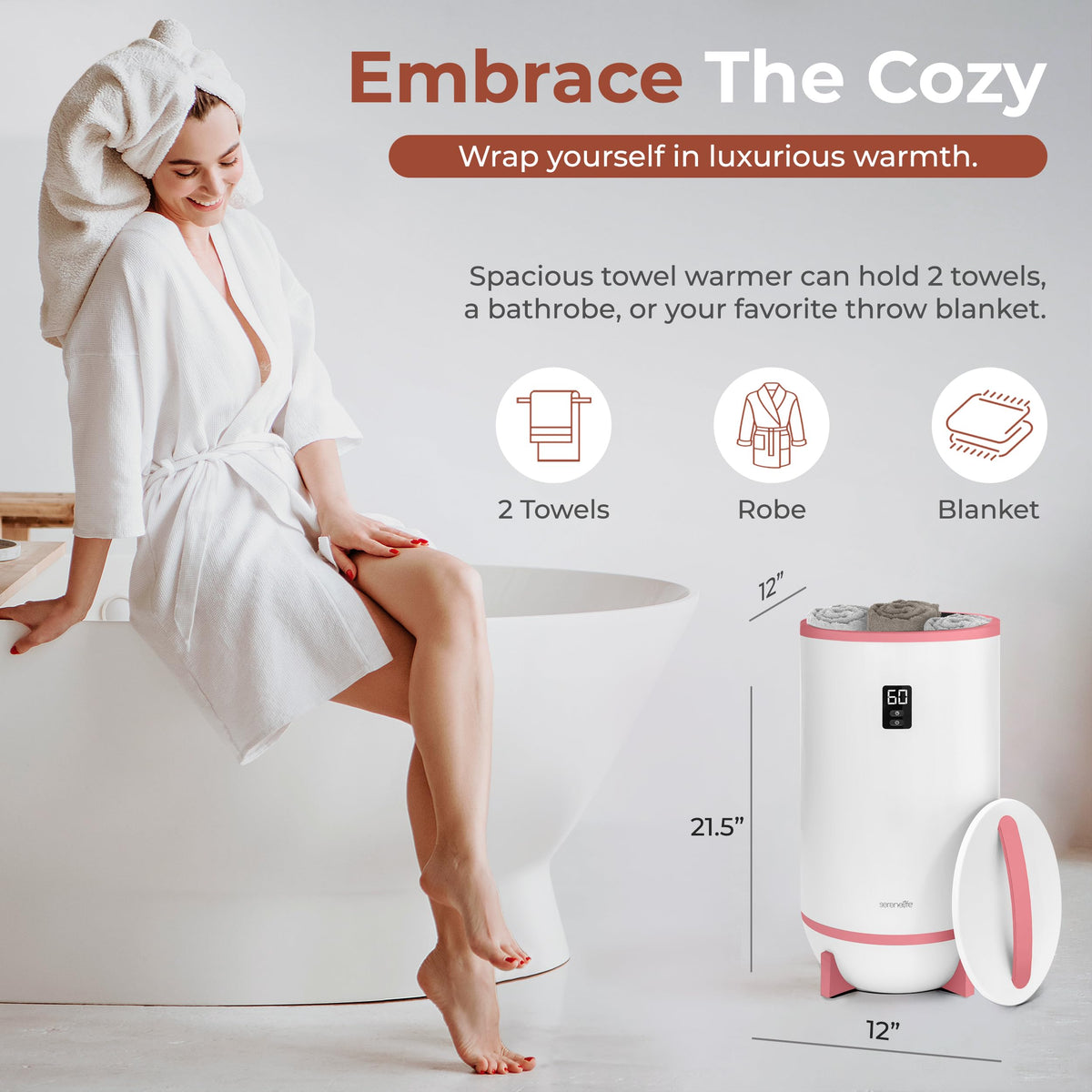 SereneLife towel warmer with fragrant disc holder adds calming scent during use.