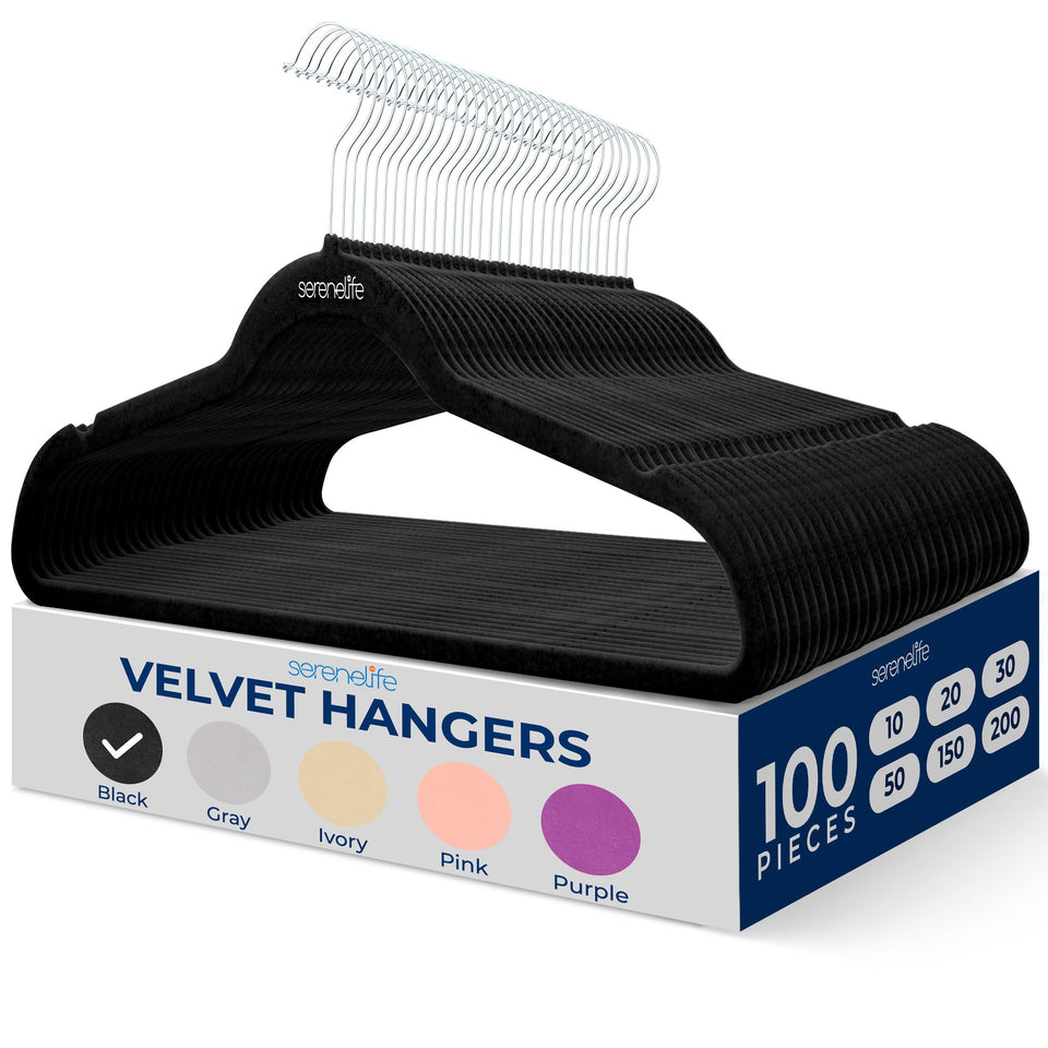 SereneLife Velvet Hangers 100-pack black with non-slip coating securing garments