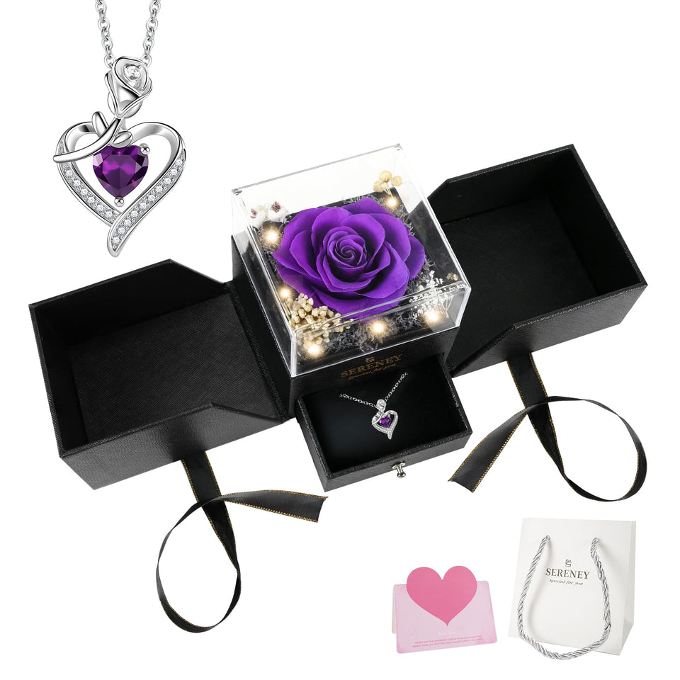 Sereney preserved purple rose necklace inside an elegant gift box.