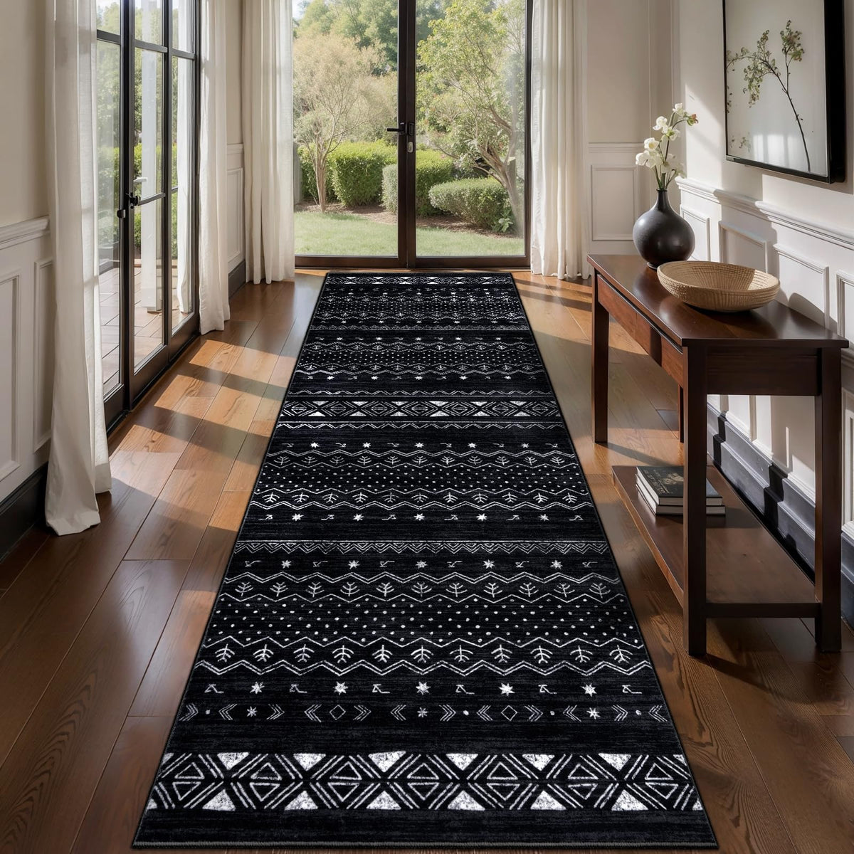 SERISSA hallway runner rug 2x10 with black and white geometric pattern for stylish entryways