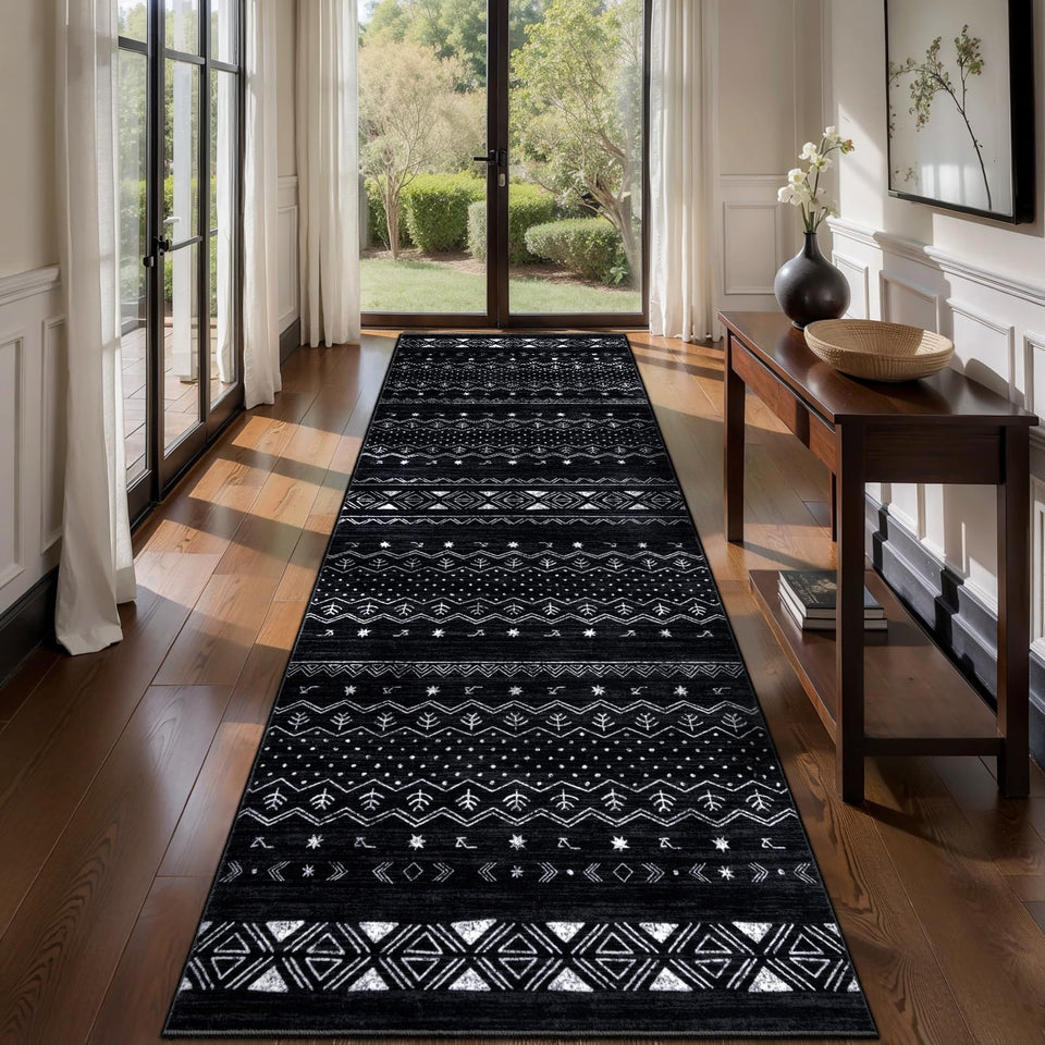 SERISSA hallway runner rug 2x10 with black and white geometric pattern for stylish entryways