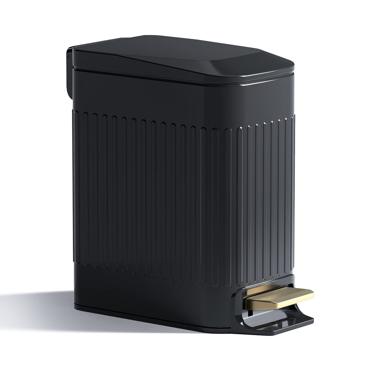 Seroelda 6L slim trash can with soft-close lid for quiet operation.