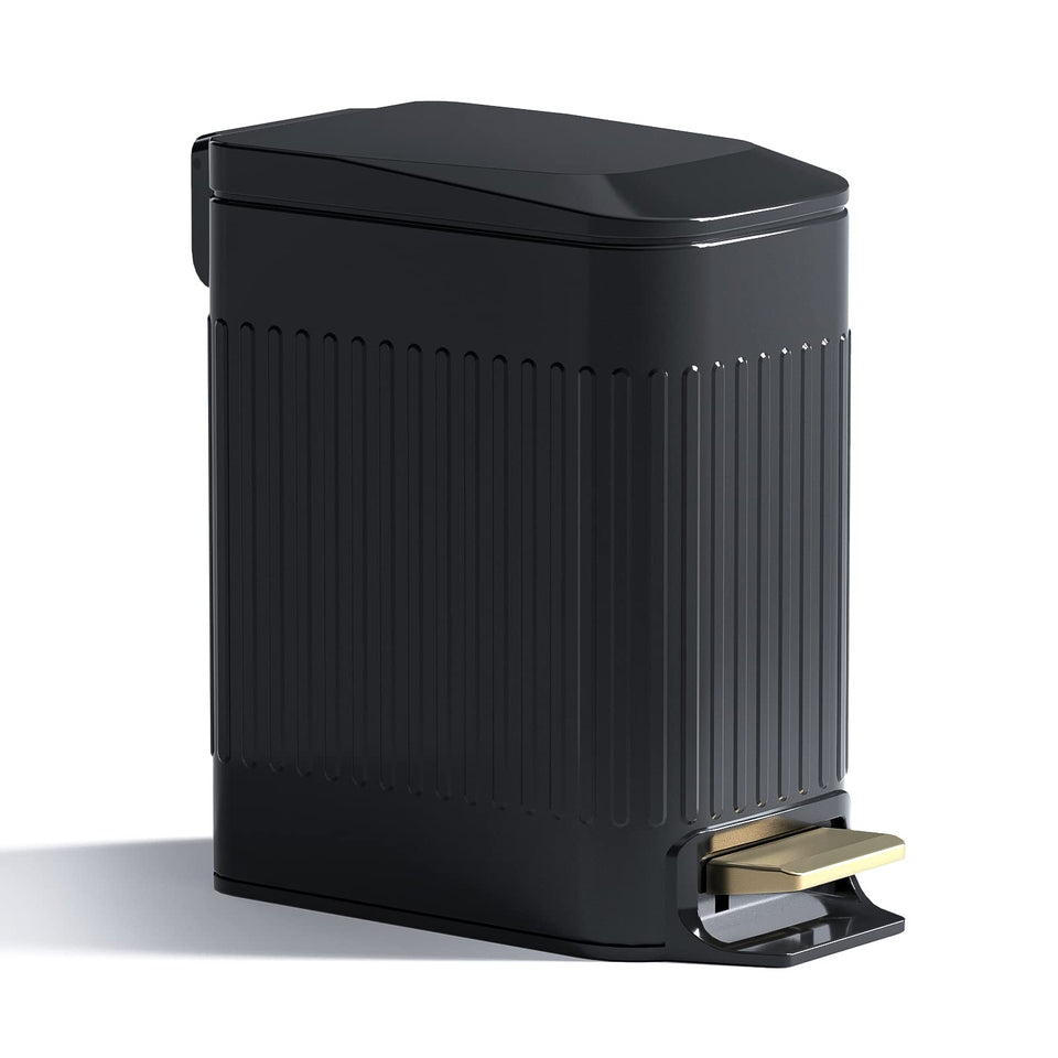 Seroelda 6L slim trash can with soft-close lid for quiet operation.