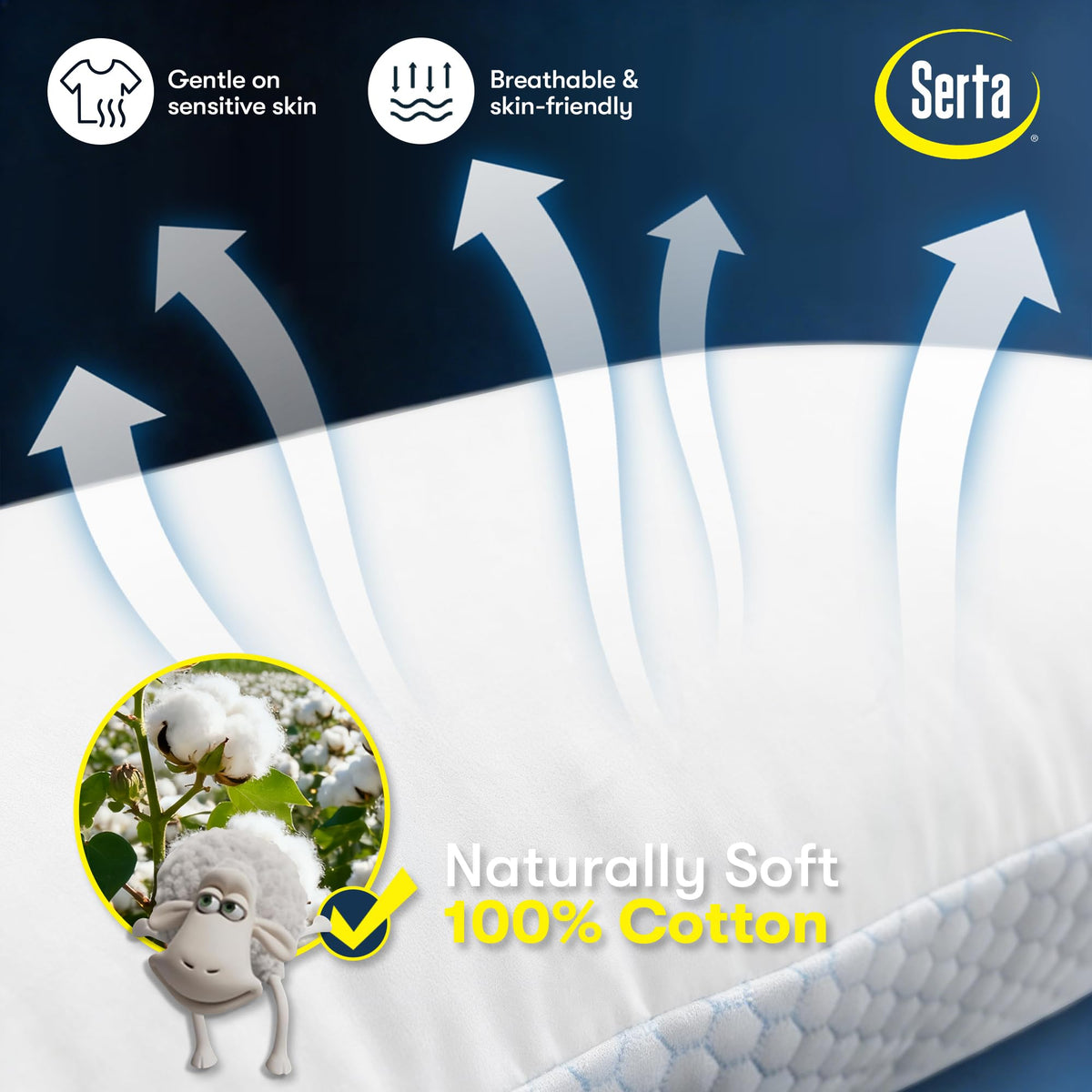 Serta Cooling Down pillow on bed demonstrating breathable year-round comfort.