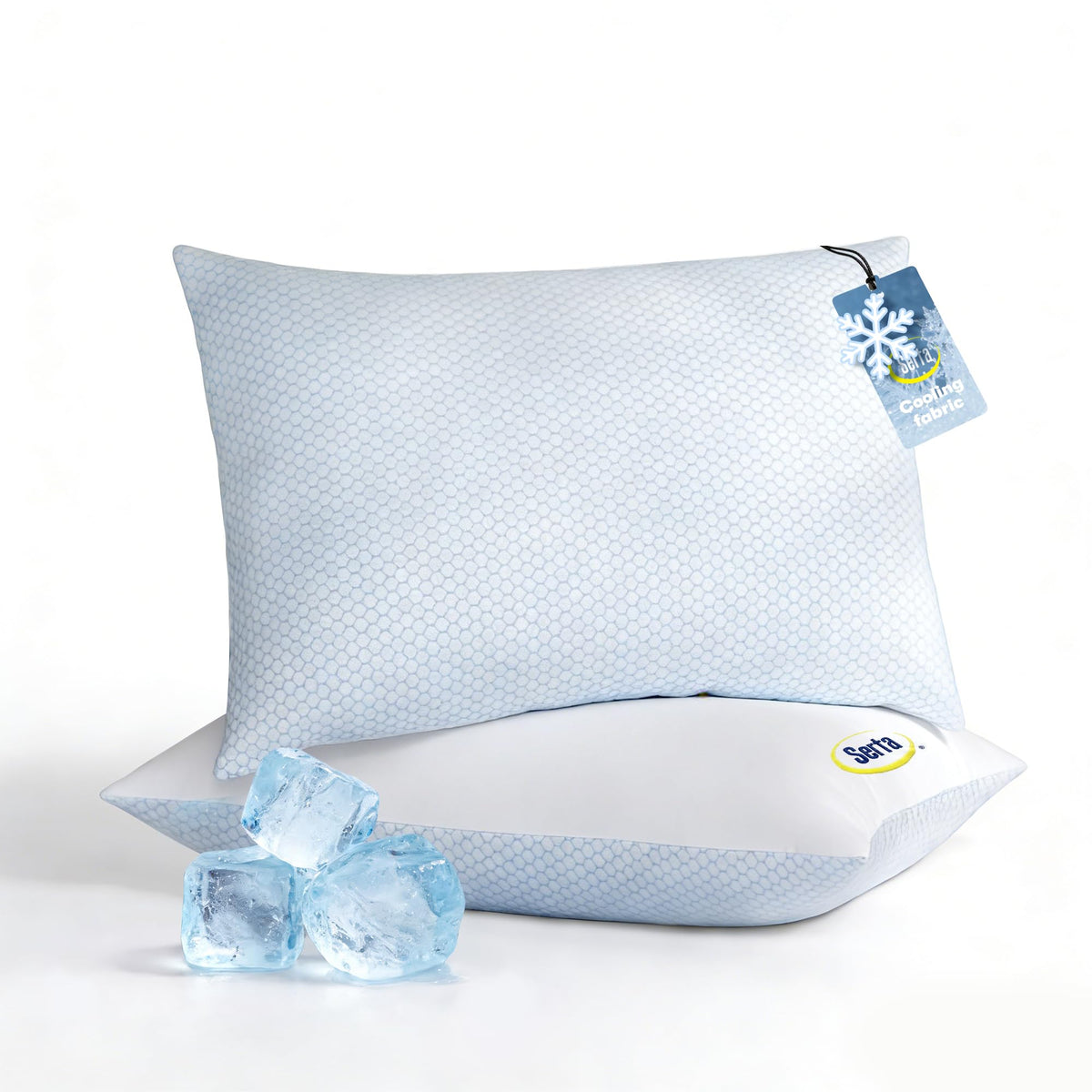 Serta Cooling Down pillow set front view shows two-sided design for breathable comfort.
