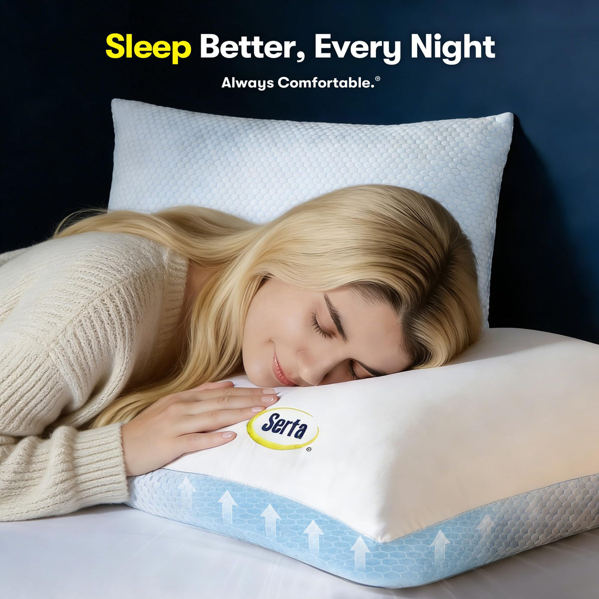 Serta Cooling Down pillow packaging highlighting convenient queen-size two-pack.