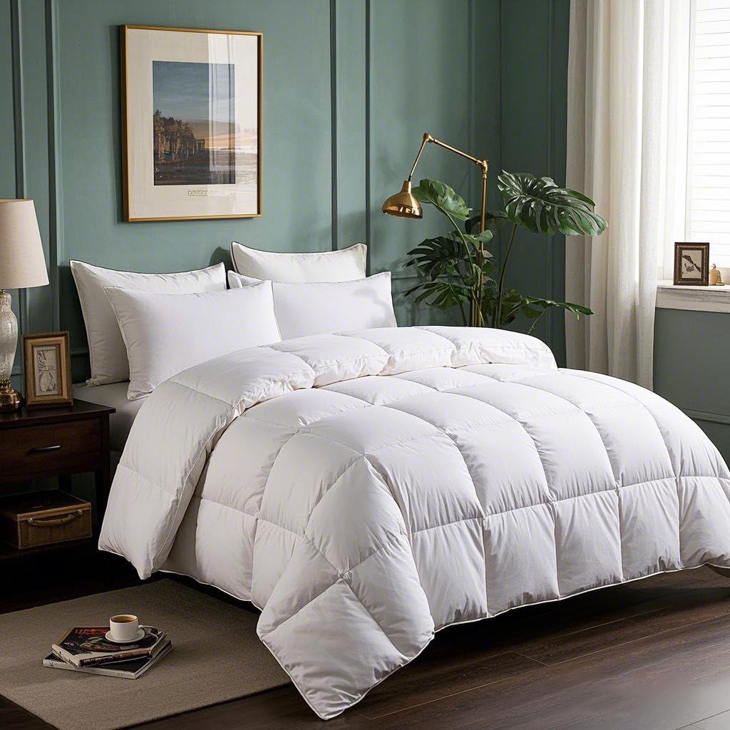 Serta goose down fiber comforter with white cotton cover on a bed, all-season warmth.