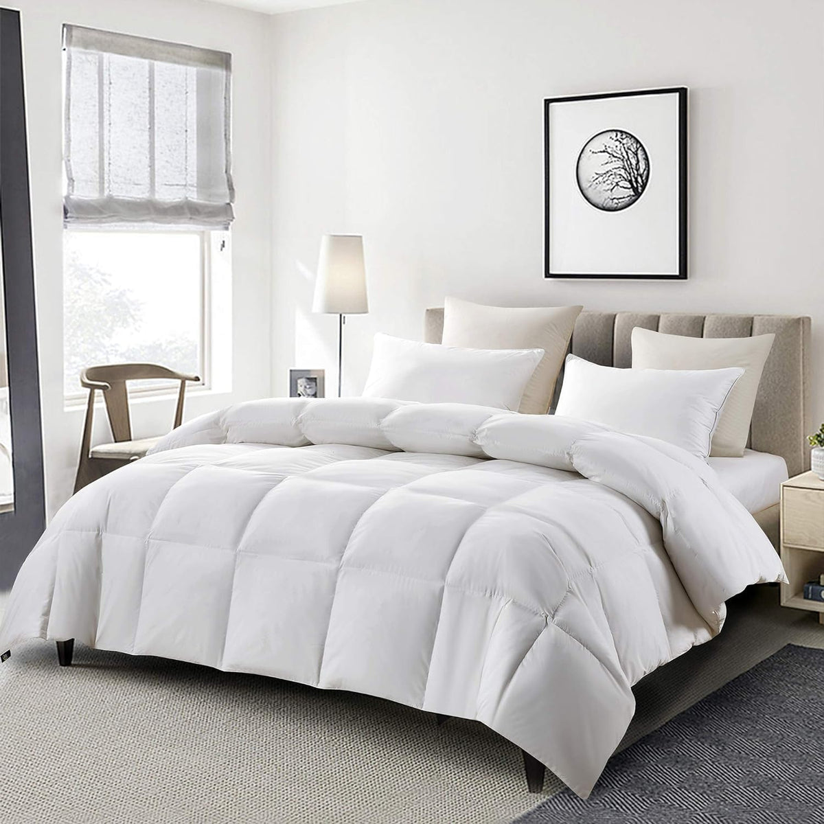 Serta goose feather down fiber comforter room setup with hotel-like luxe.
