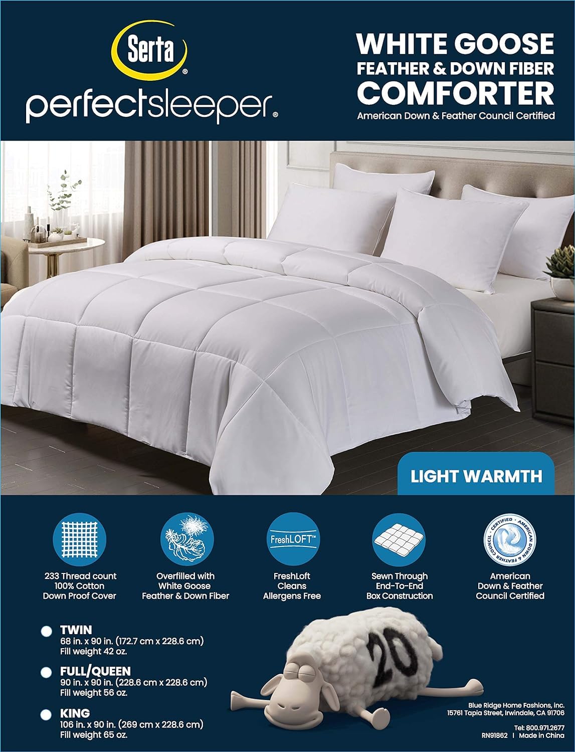 Serta hypoallergenic filling maintains fluff while reducing irritants in bedrooms.