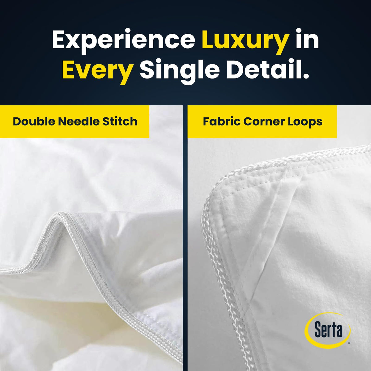 Serta oversize king bed setup with white comforter, hotel-luxury vibe.