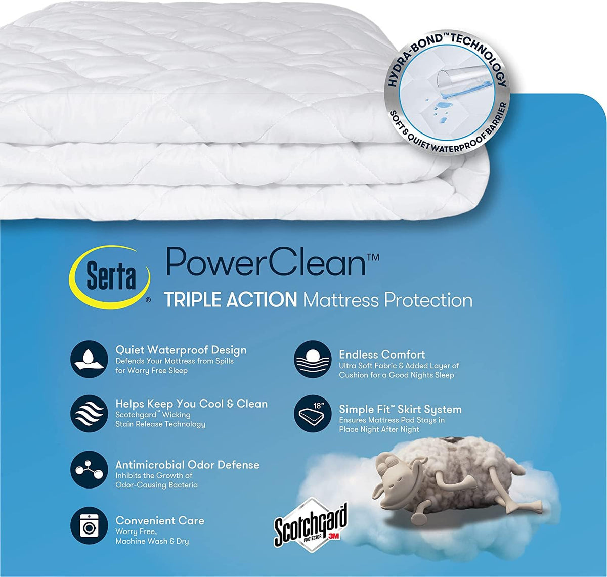 Serta Power Clean full-size mattress pad measures 54 by 75 inches for a snug fit.