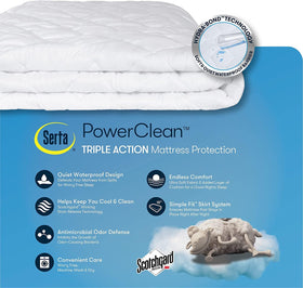 Serta Power Clean full-size mattress pad measures 54 by 75 inches for a snug fit.