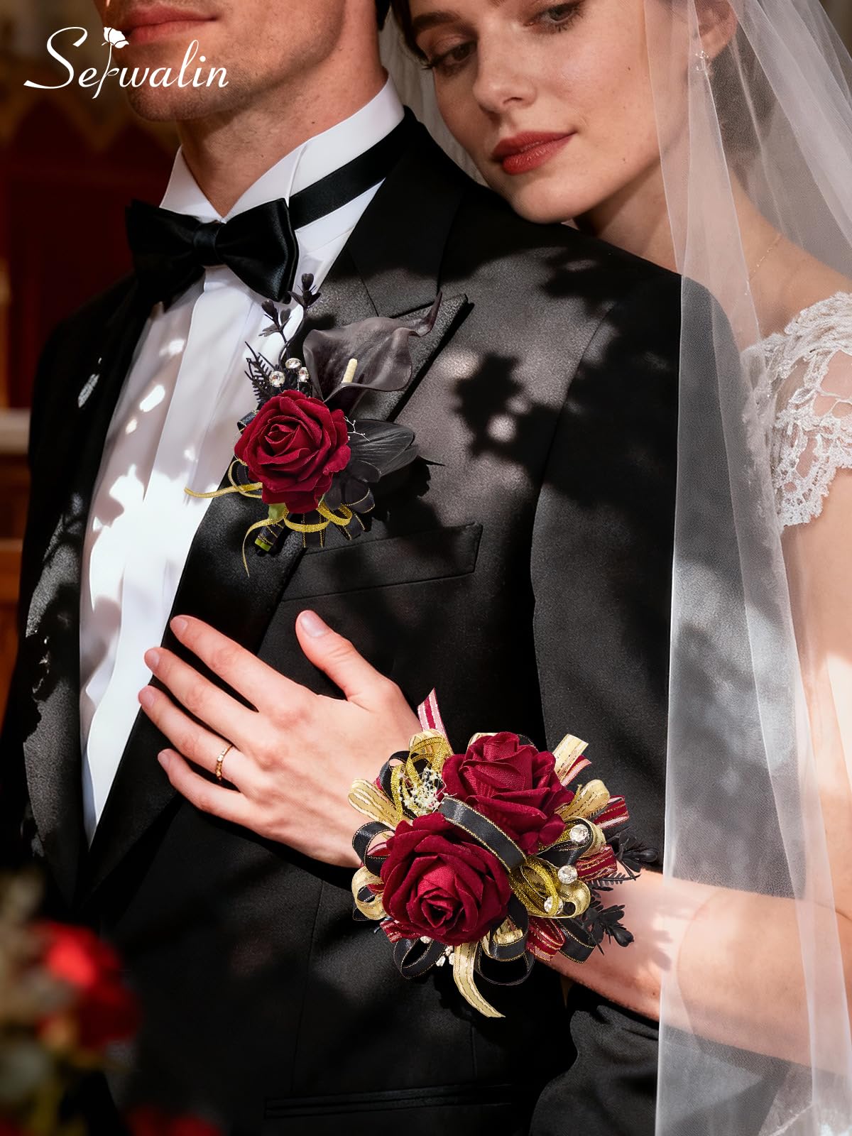Serwalin boutonniere with black calla lily adds a sophisticated edge.