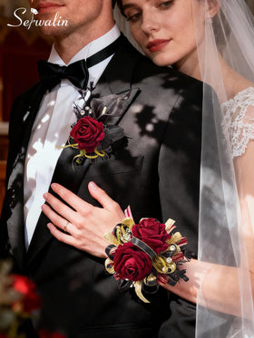 Serwalin boutonniere with black calla lily adds a sophisticated edge.