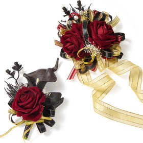Serwalin burgundy prom corsage wristlet with elegant blooms for formal wear.