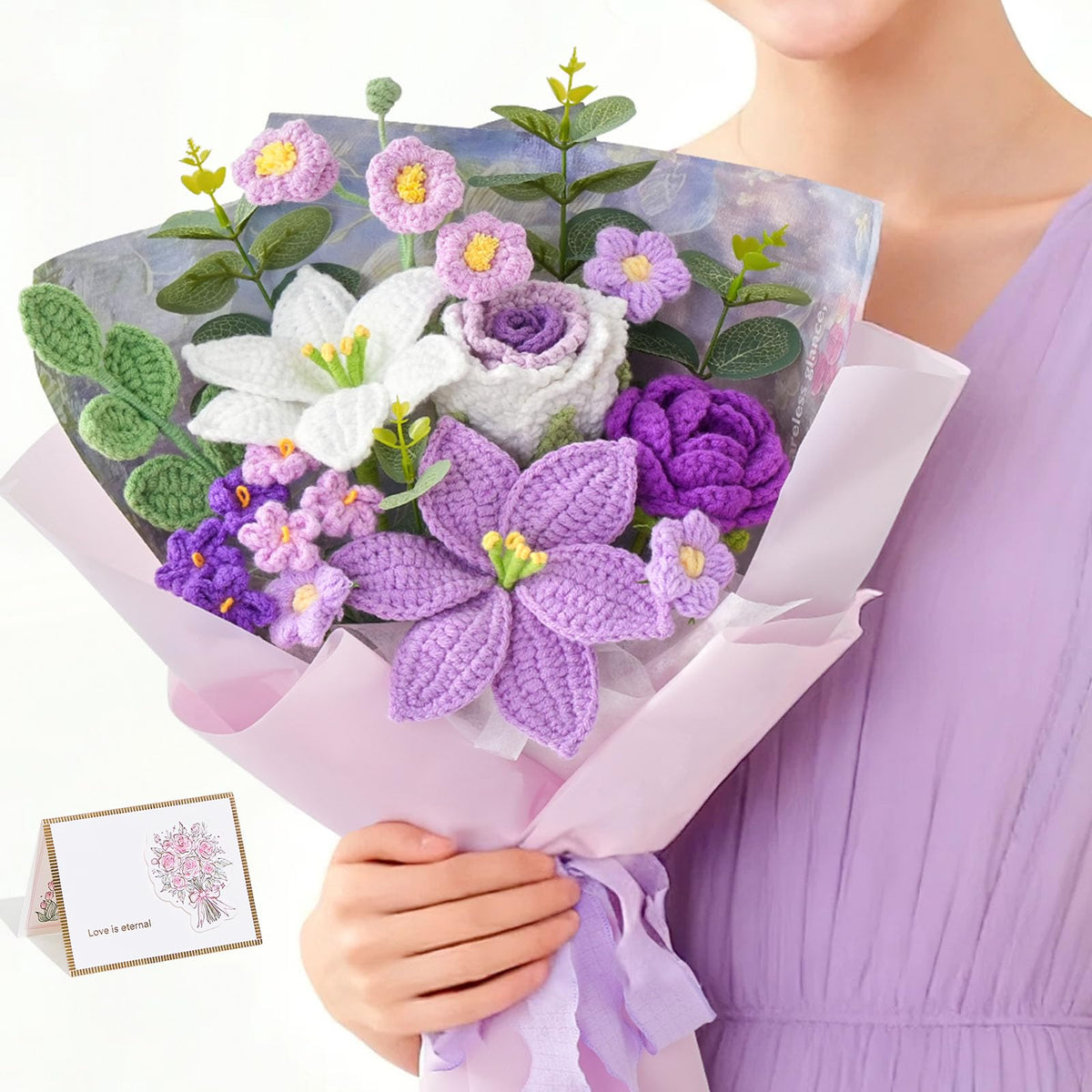 Serwalin crochet bouquet with purple lilies and roses for elegant décor