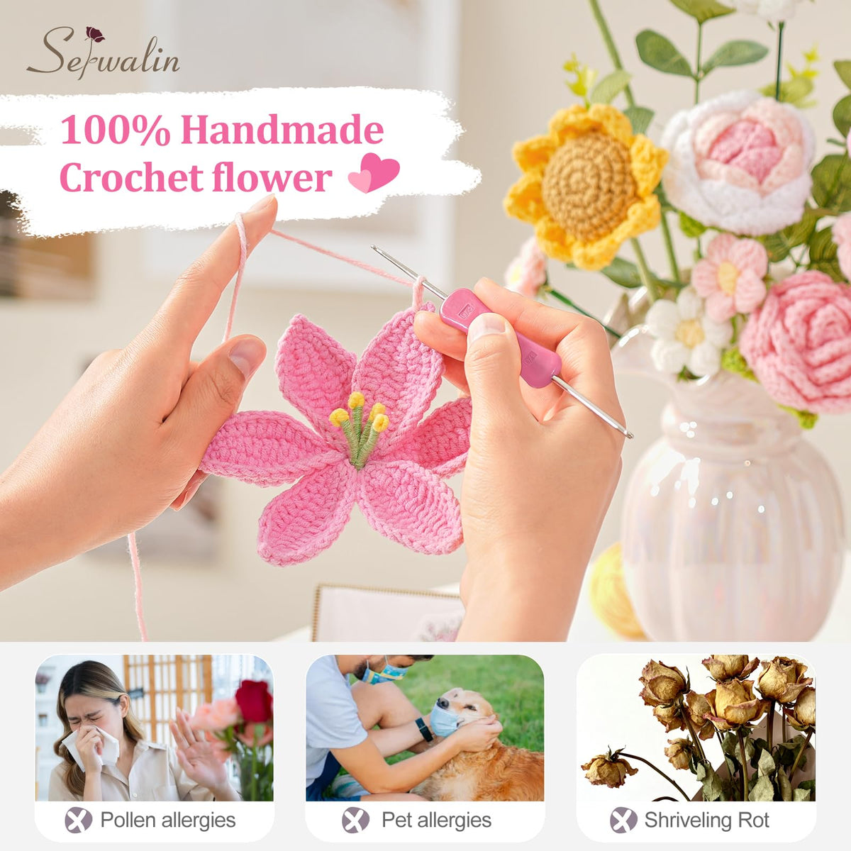 Serwalin crochet flower bouquet inside view highlights included card for gifting.