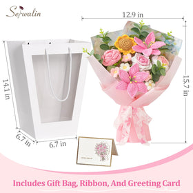 Serwalin crochet flower bouquet full view displays a tall 15.7-in by 12.7-in arrangement.