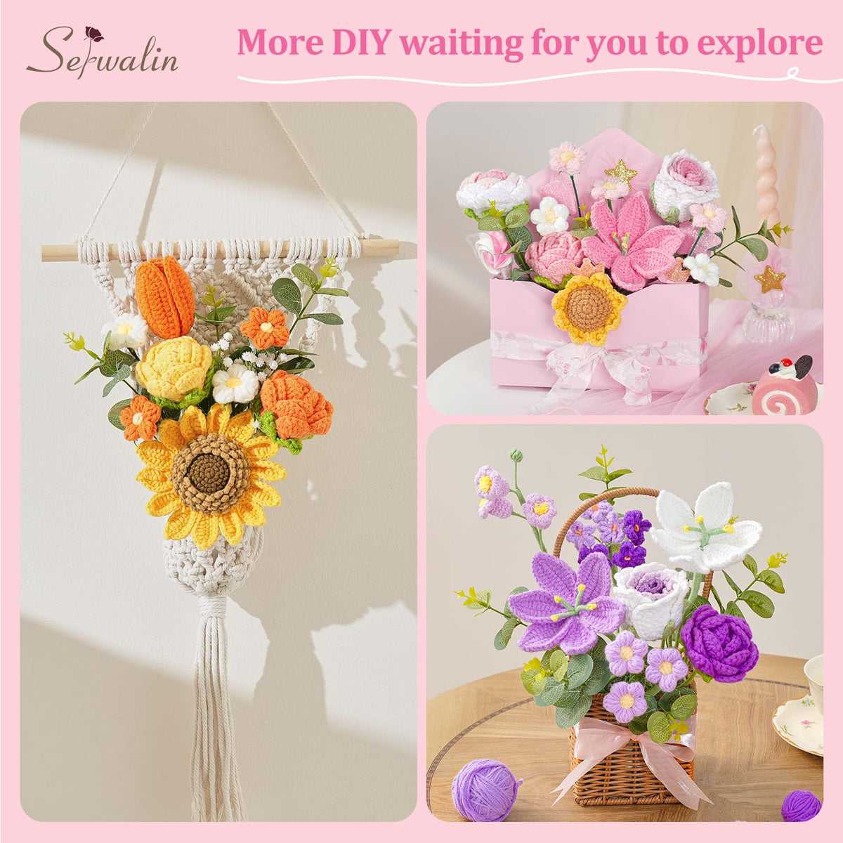 Serwalin crochet flower bouquet gift box presentation with greeting card included.