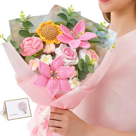 Serwalin crochet flower bouquet close-up of pink roses for timeless home decor.