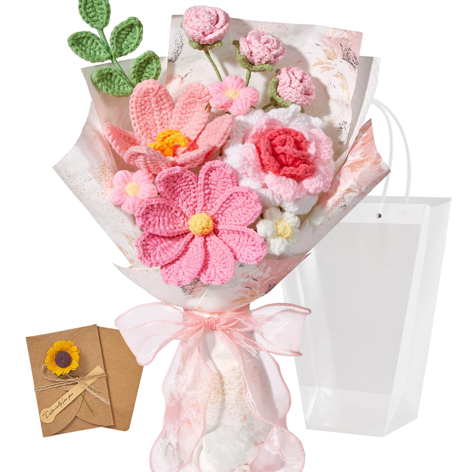 Serwalin pink crochet flower bouquet, 8-piece arrangement, gift-ready for cherished occasions.
