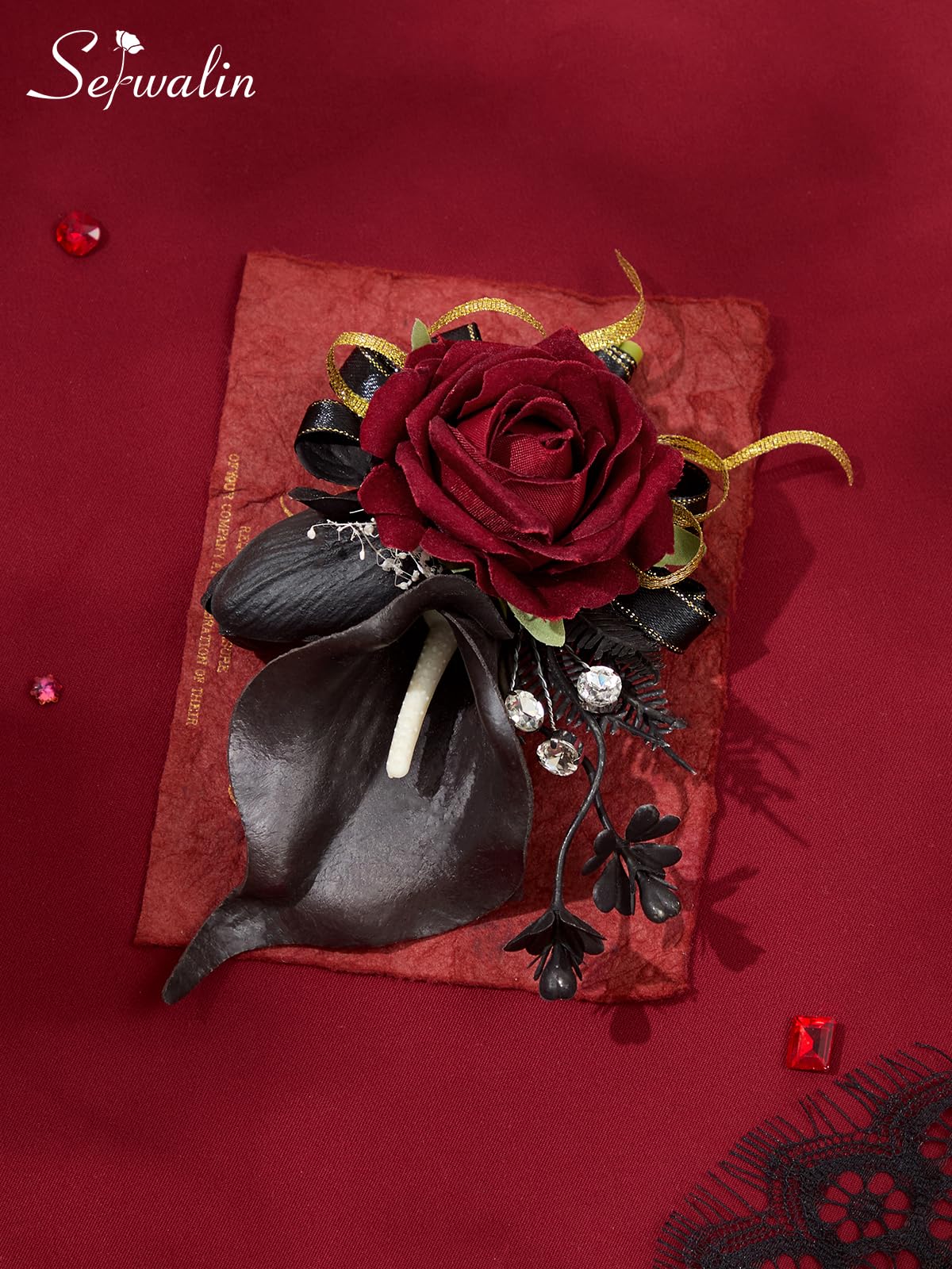 Serwalin elegant corsage on model complements formal dresses and suits.
