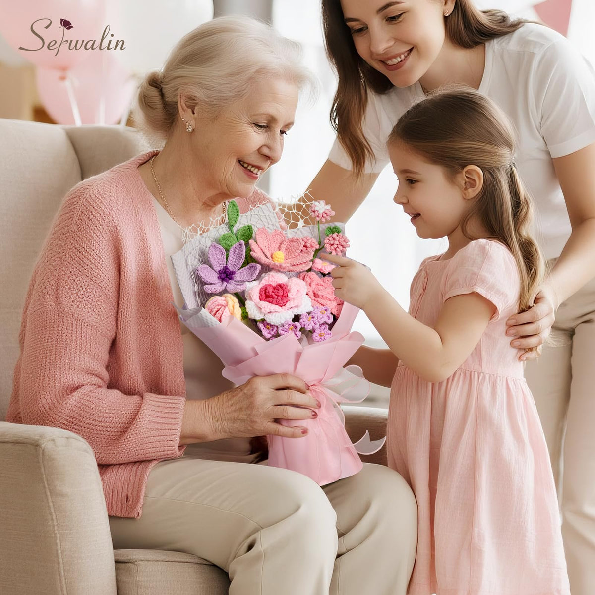 Serwalin hand-knitted flowers with detailed petals for heirloom decor.