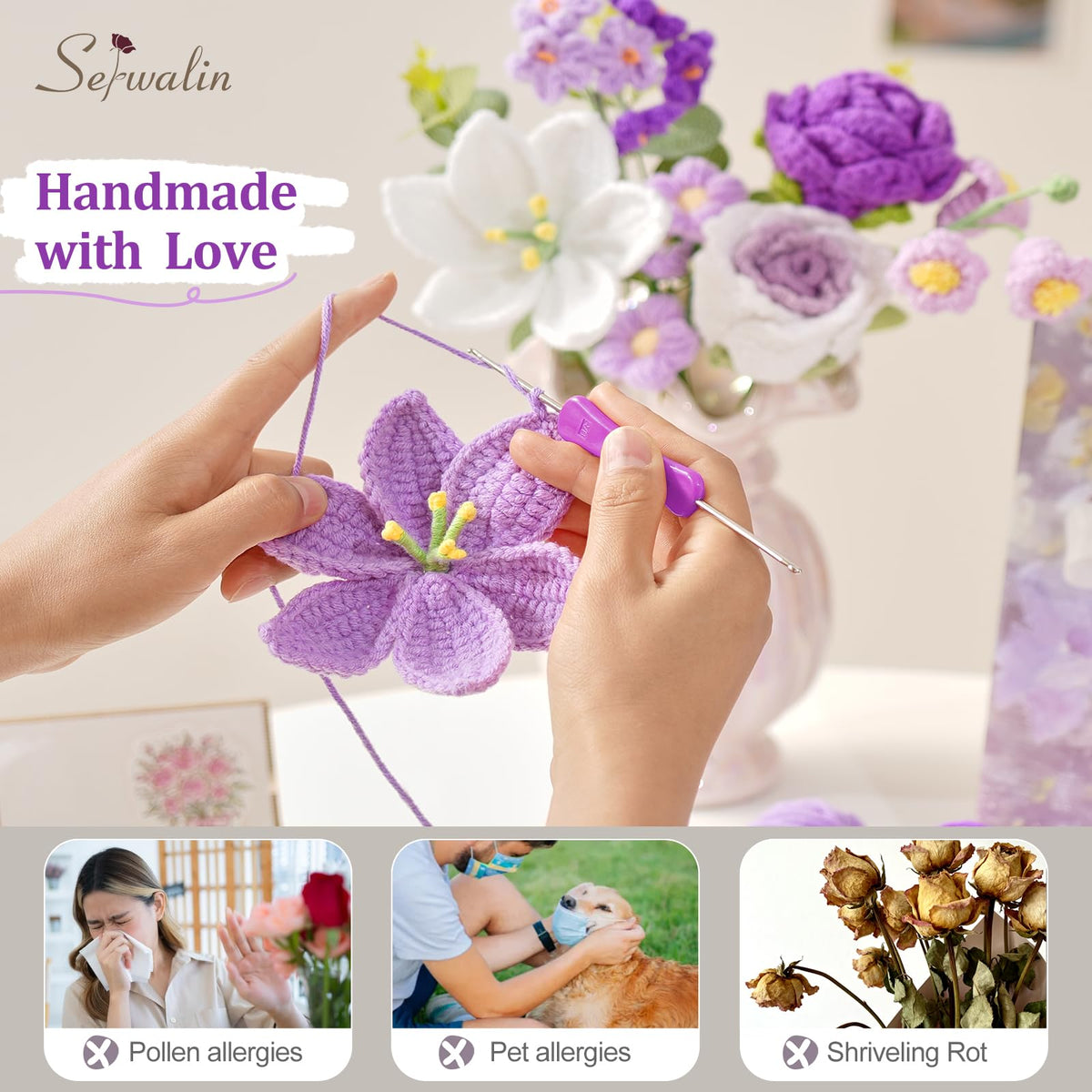 Serwalin home decor crochet bouquet on a table