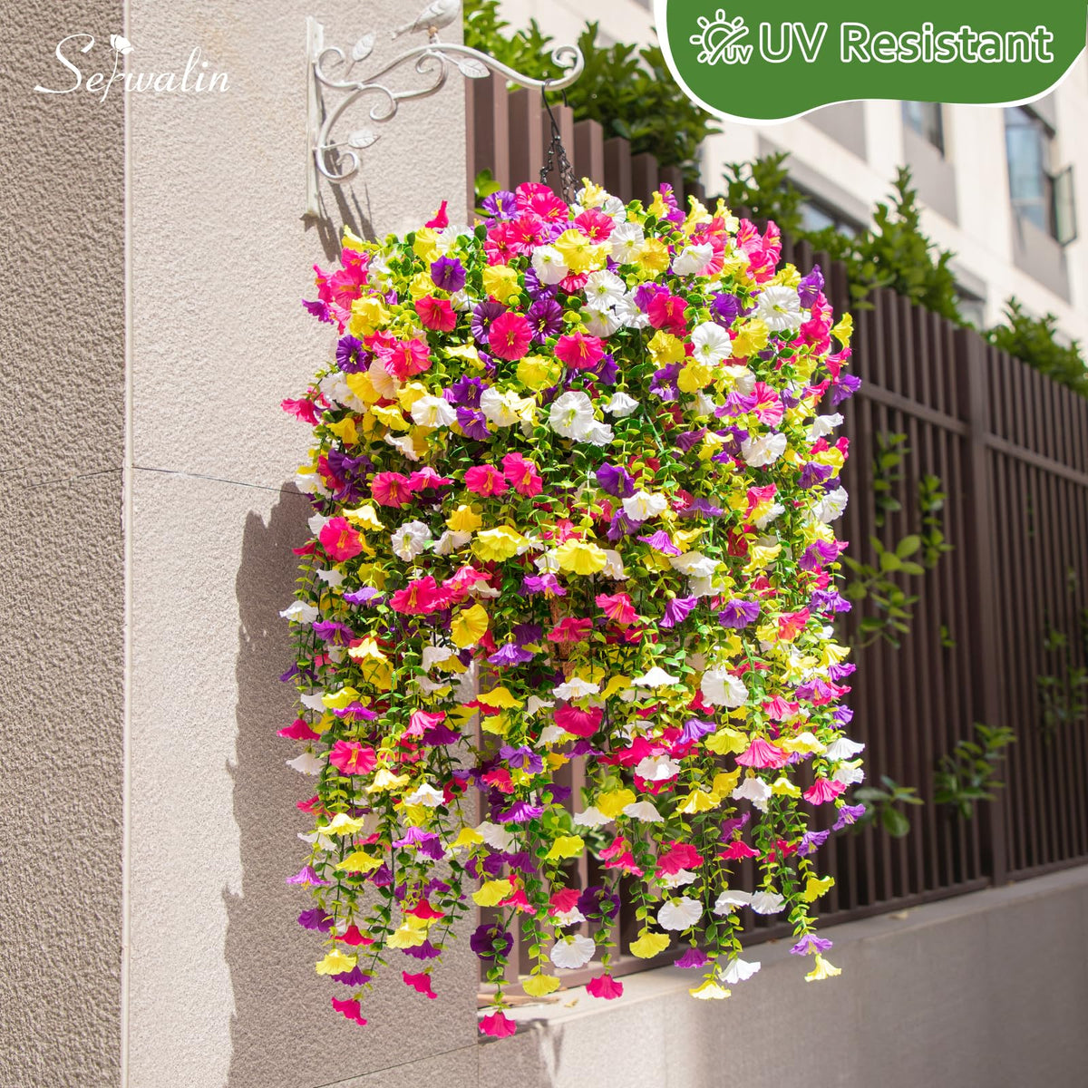 Serwalin morning glory hanging flowers, close-up of realistic petals for porch decor.