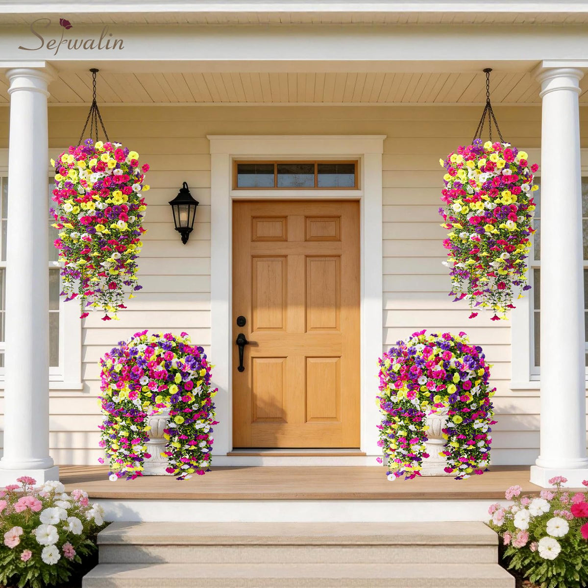 Serwalin morning glory outdoor hanging flowers, full blooms and lush greenery for balcony styling.