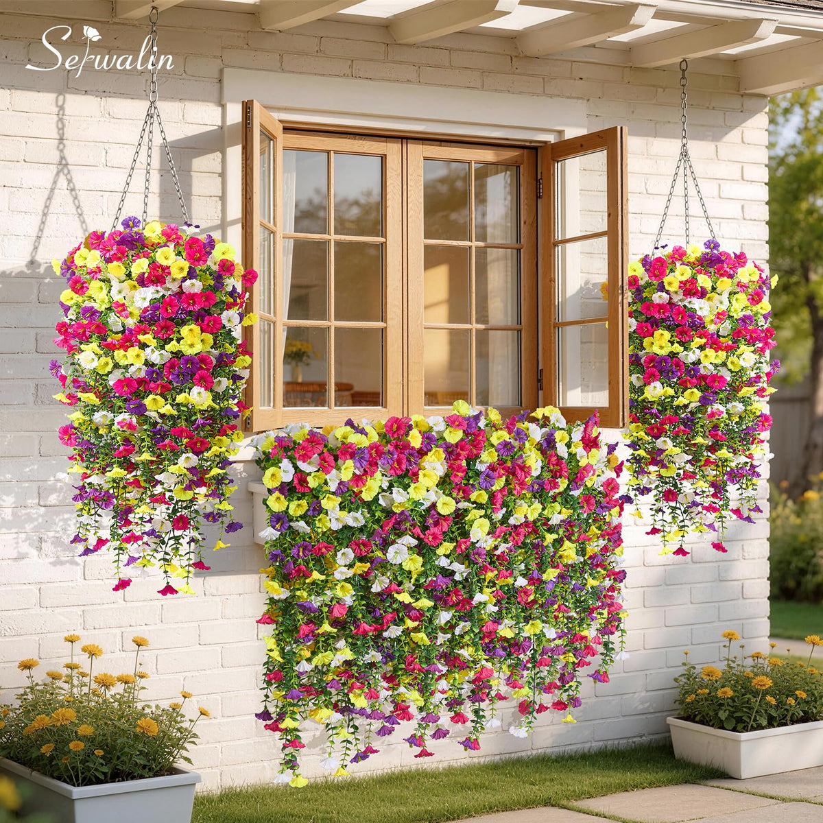 Serwalin outdoor hanging flowers, bendable stems for flexible porch ornament setup.