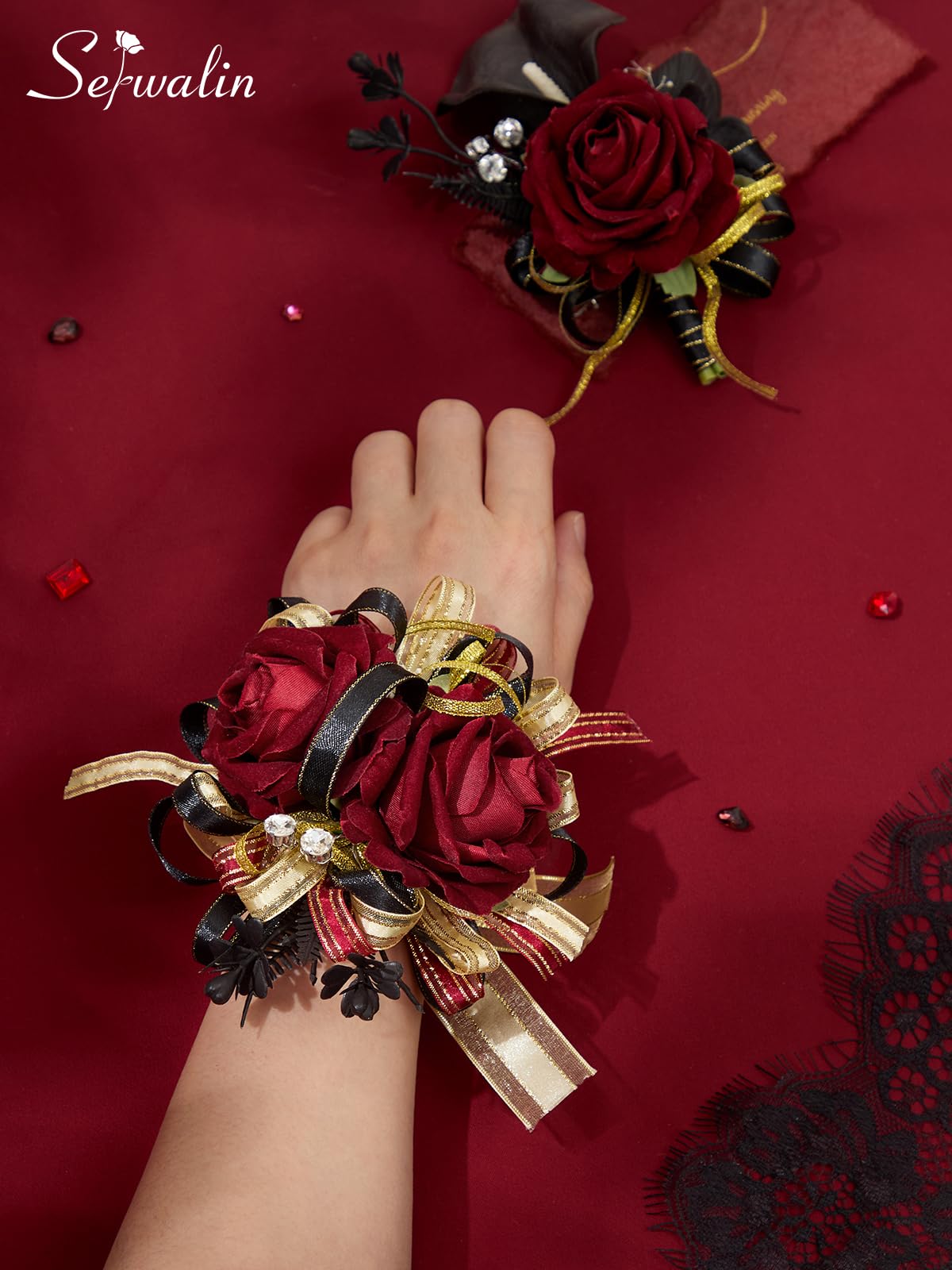 Serwalin roses and calla lily detail highlights burgundy tones and luxury.