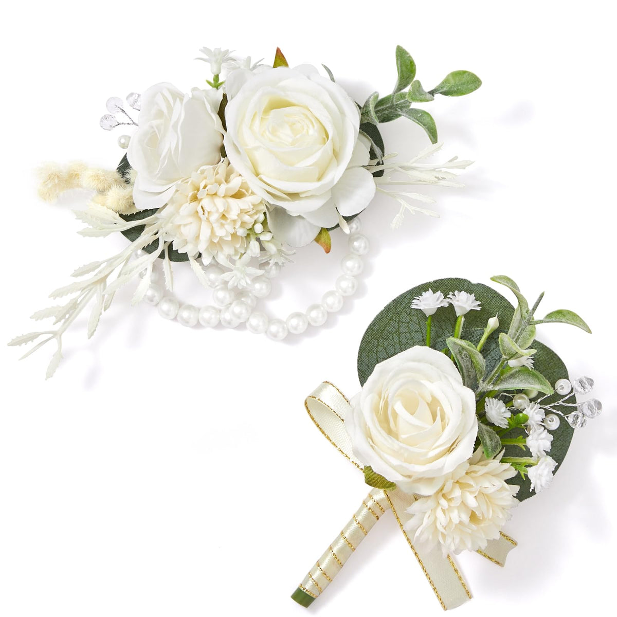 Serwalin white rose corsage wristlet close-up for an elegant wedding look