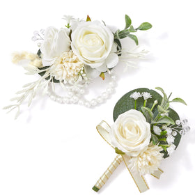 Serwalin white rose corsage wristlet close-up for an elegant wedding look