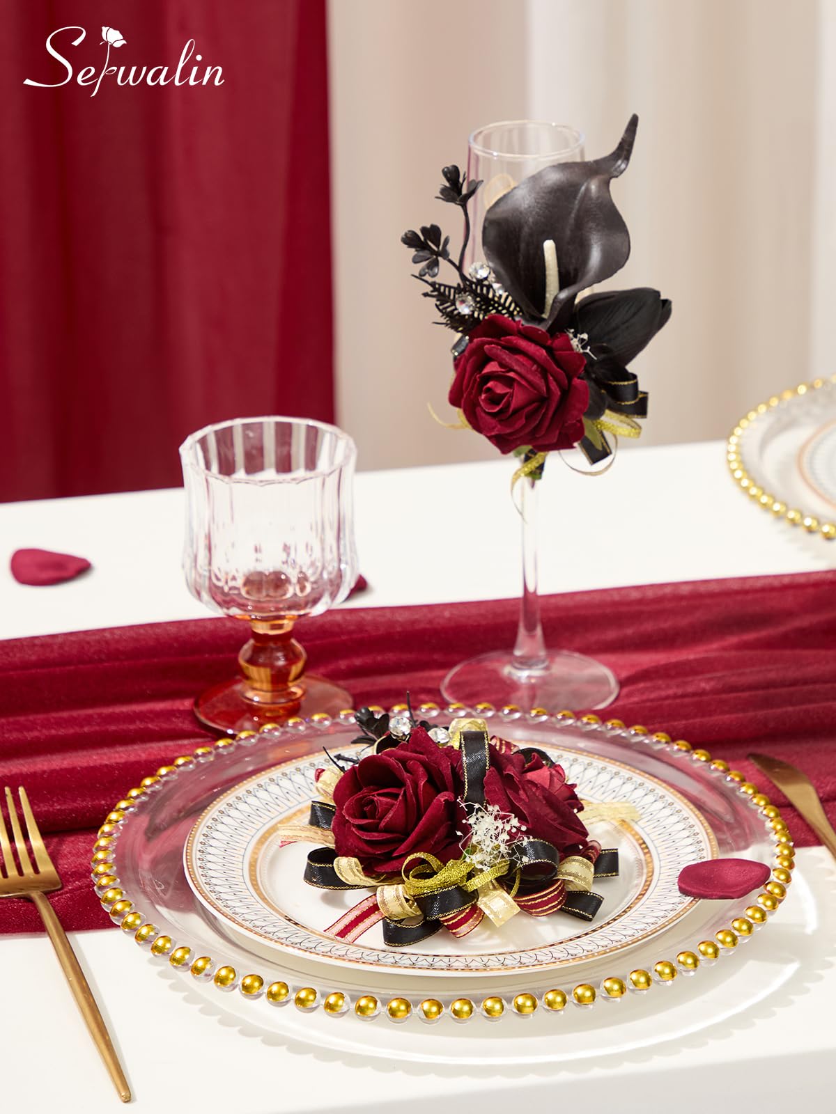Serwalin wrist corsage adjustable ribbon for a secure, comfortable fit.