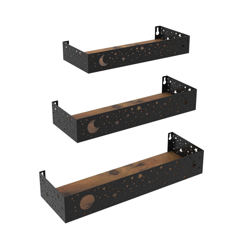 Serwrsw Moon and Stars three-pack wall shelves in black offer stylish storage.