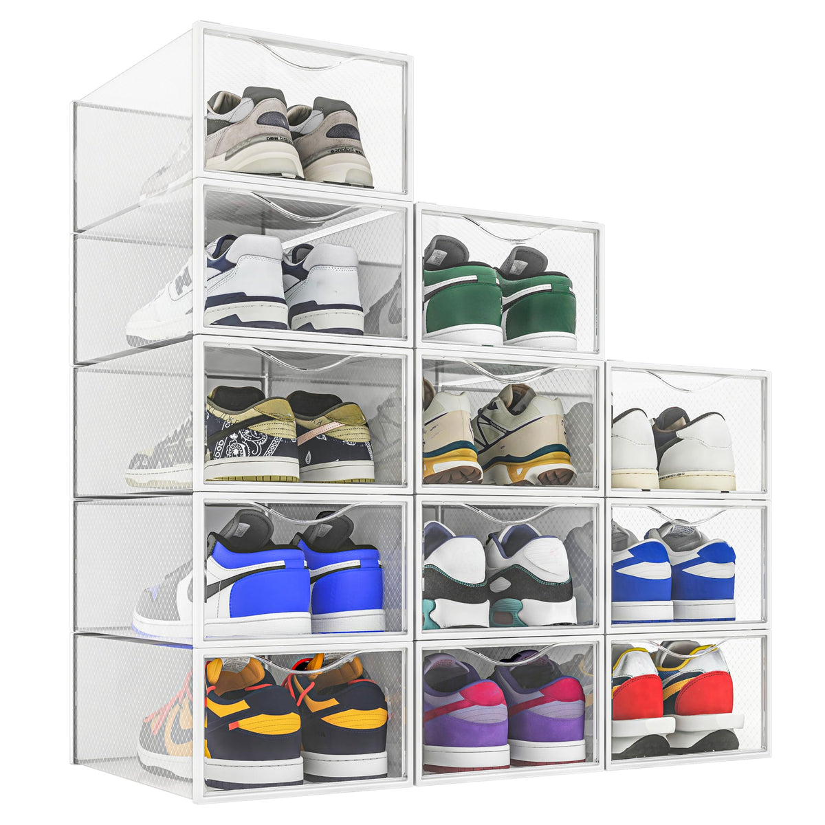 Seseno 12-pack shoe storage bin with clear view for quick selection.