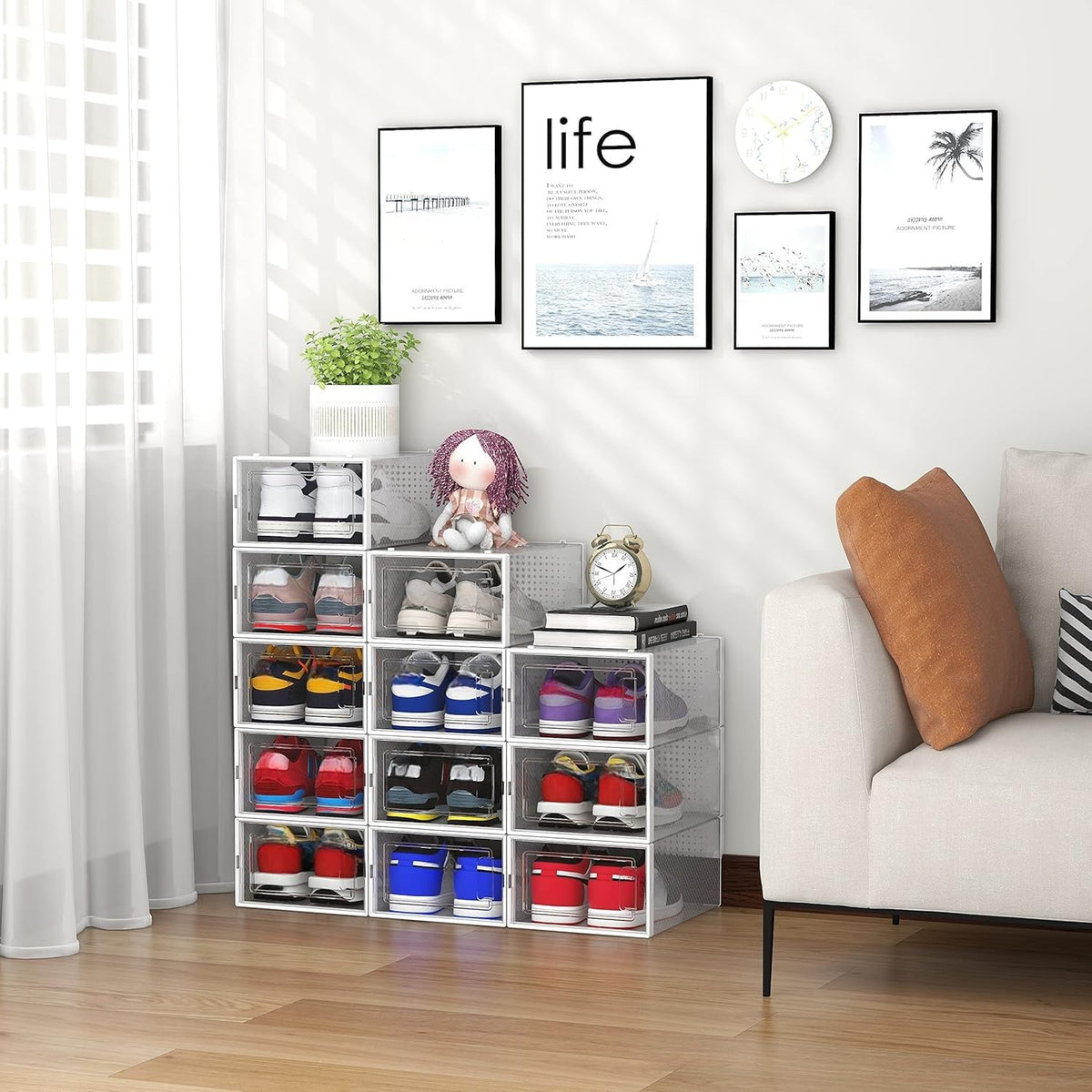 Seseno clear plastic shoe boxes show contents at a glance.