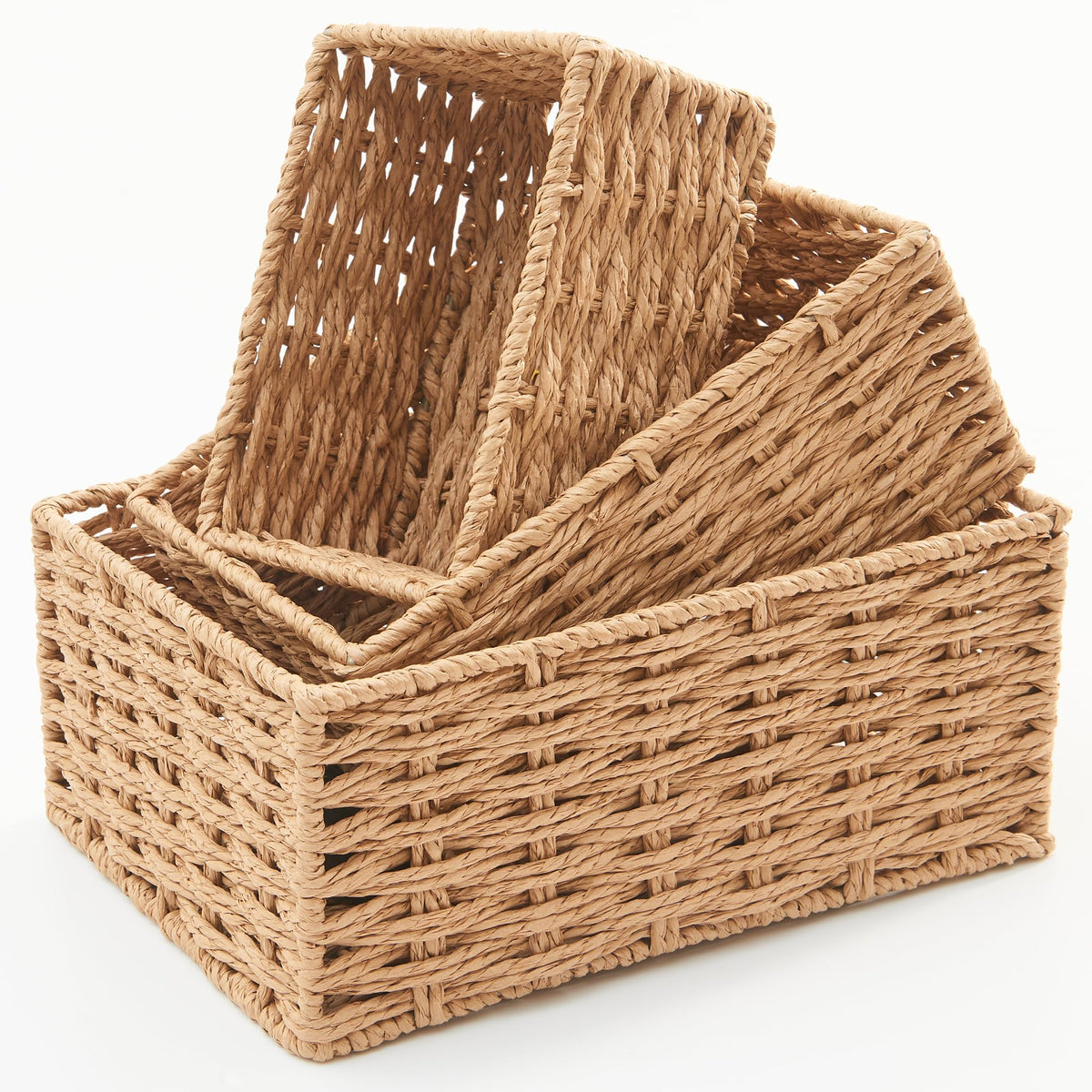 SEVDIZON three-piece wicker basket set for organized home storage.