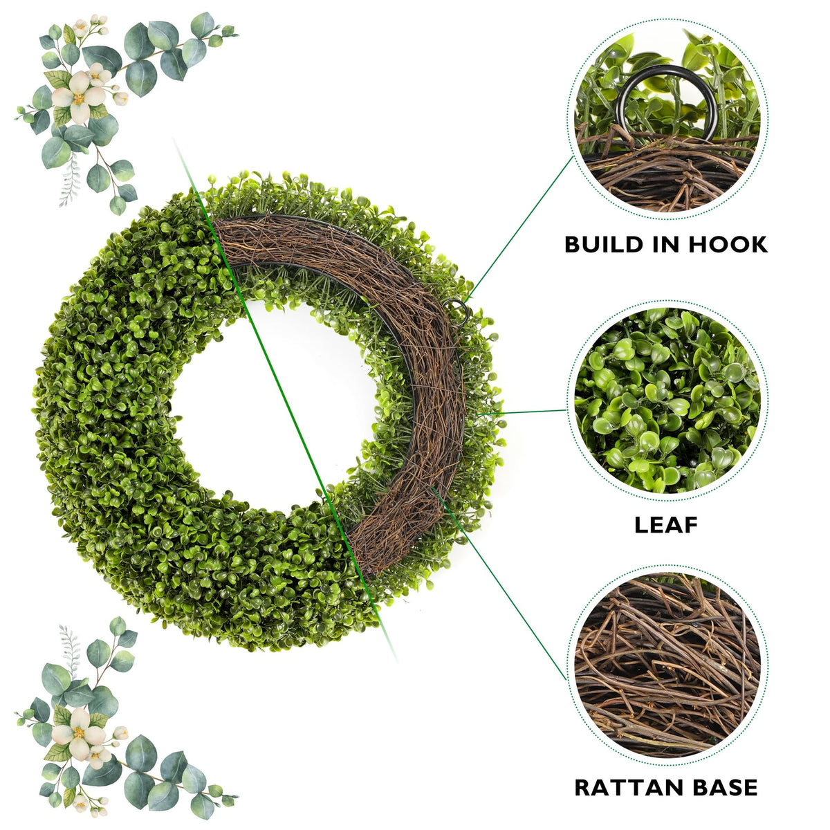 SEVENLOVE Boxwood Wreath with full green leaves for indoor or outdoor décor.