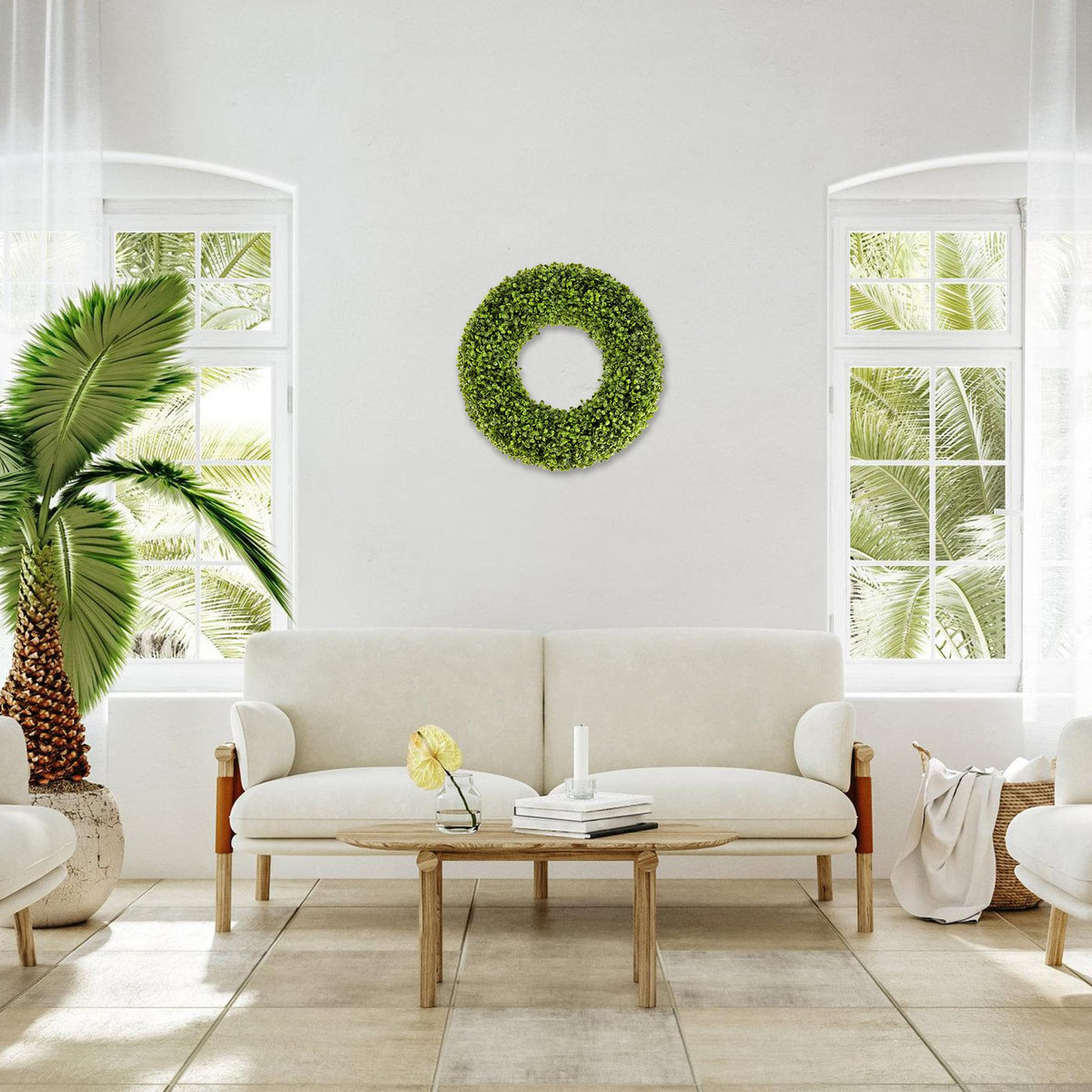 SEVENLOVE Boxwood Wreath suitable for indoor-outdoor use, versatile display options.