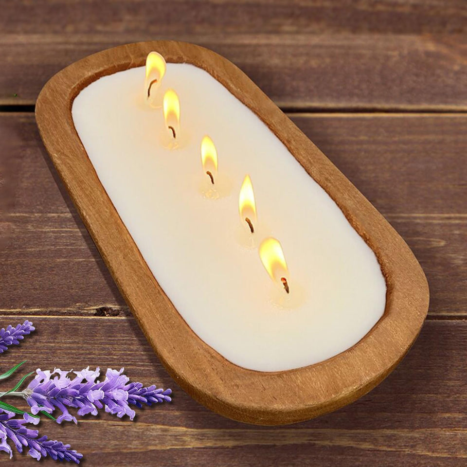 SEVEYEE Lavender Candle in a wooden bowl creating a warm room ambiance