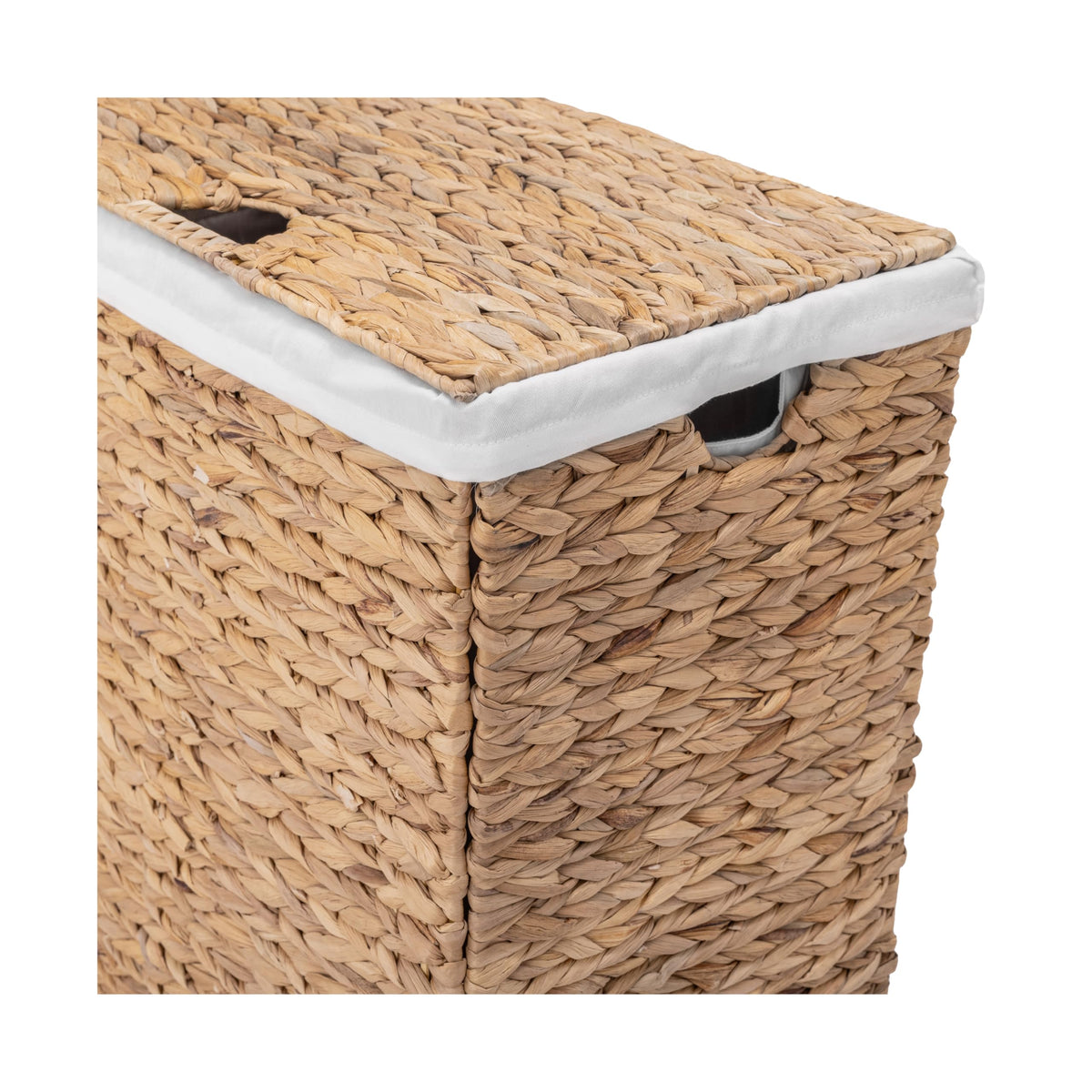 Side-view of hamper with cut-out carrying handles for easy transport.