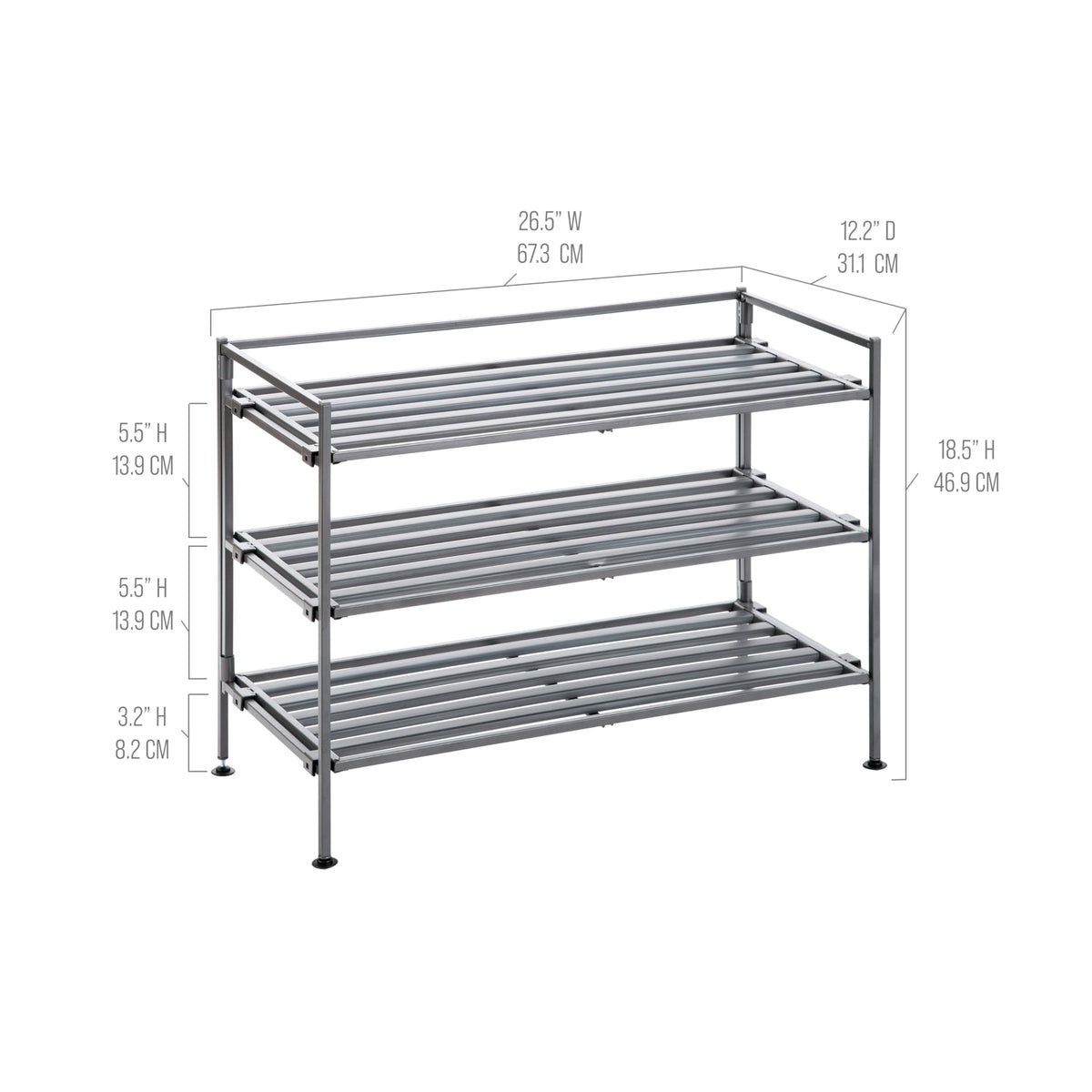 Seville Classics provides 3.25 inches clearance beneath the bottom shelf for low-profile footwear.
