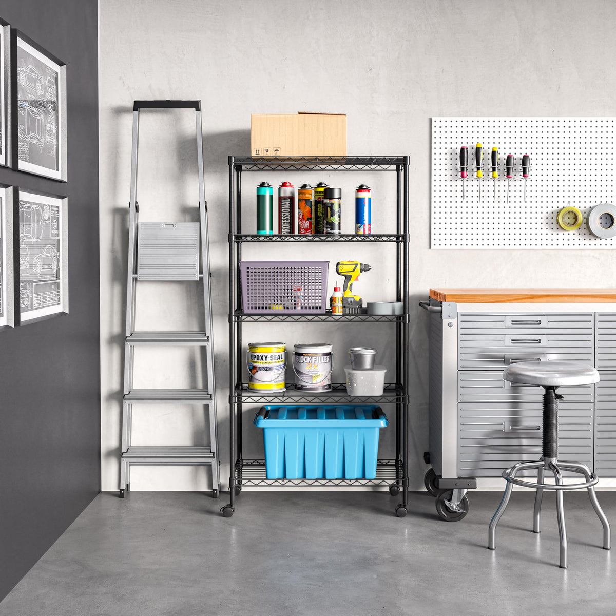 Seville Classics 5-tier assembly demonstrates adjustable shelves for flexible home organization.