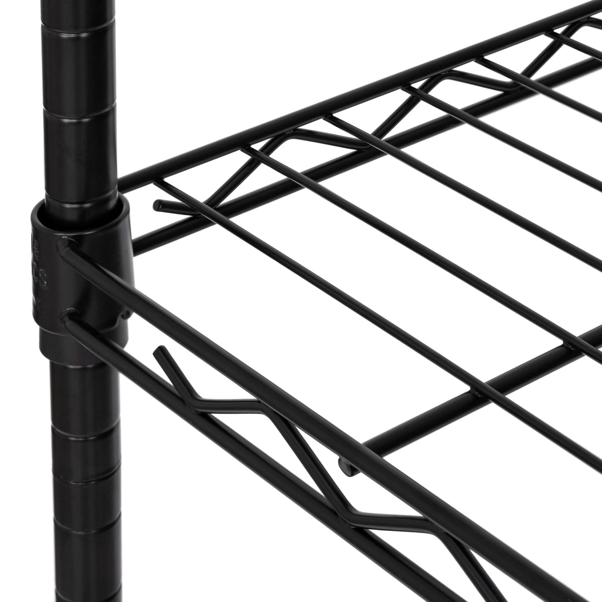 Seville Classics black finish shelving resists corrosion in dry storage spaces.