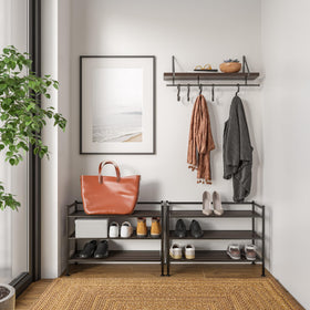 Low-profile clearance under the bottom shelf for sneakers.