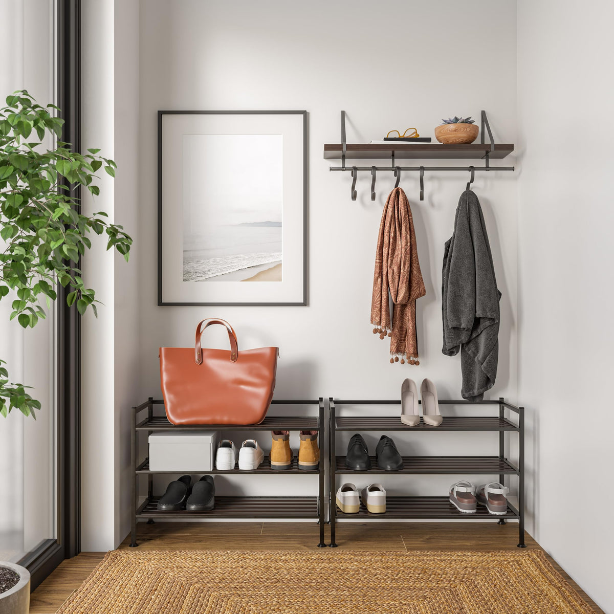 Low-profile clearance under the bottom shelf for sneakers.